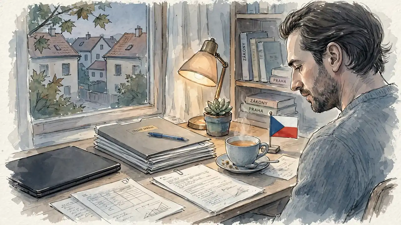Zavřený notebook s dokumenty a šálkem čaje na stole