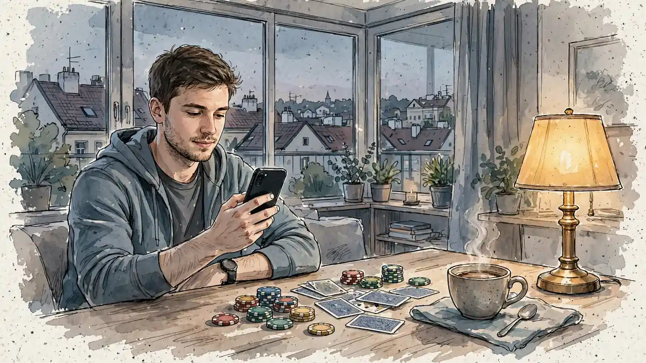 Muž s telefonem u stolu s žetony a kartami v bytě