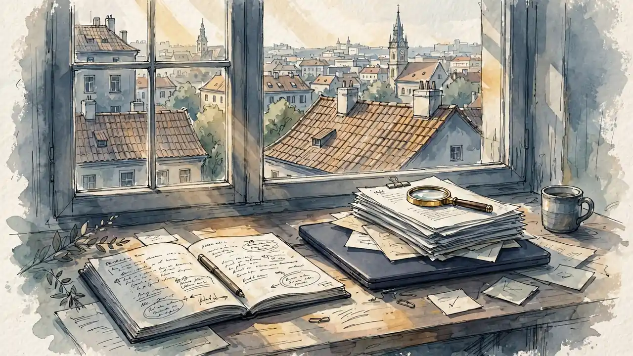 Pracovní stůl u pražského okna s notebookem, dokumenty a lupou