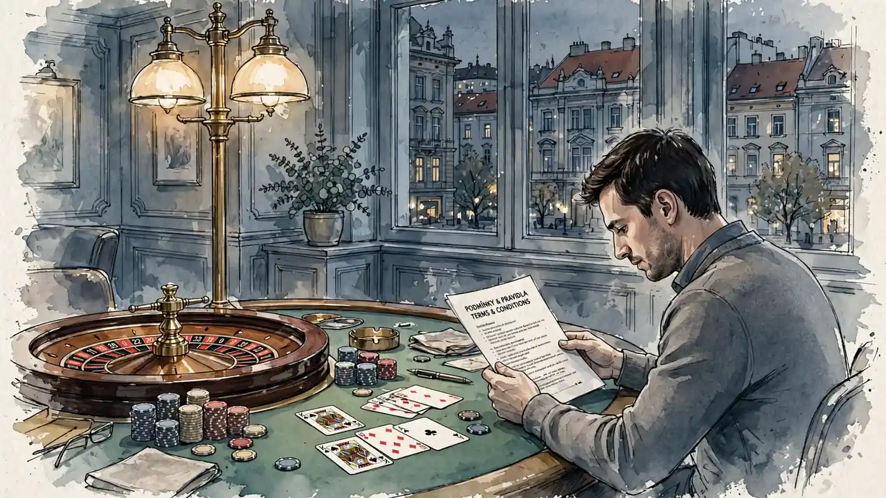 Kasino v Brně s ruletou, žetony a hráč čtoucí podmínky bonusu