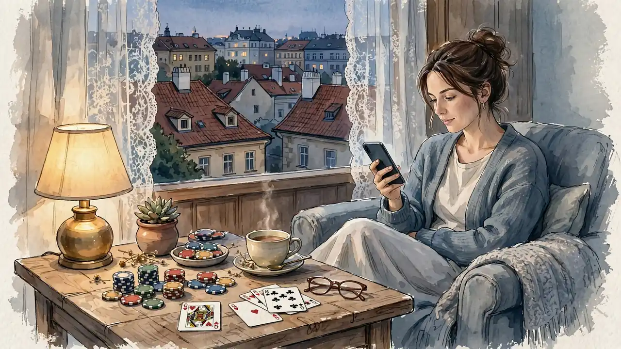 Žena s telefonem u okna, na stole žetony a karty