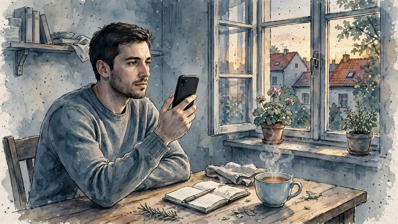 Muž u kuchyňského stolu přemýšlí s telefonem odloženým stranou
